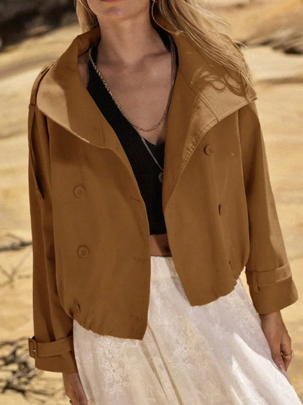 Camel Casual Women's Double-Breasted Short Trench Coat